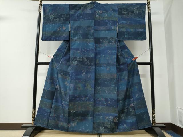 平和屋着物●小千谷紬　横段飛鶴草花文　ますいわ屋扱い　正絹　逸品　CABE3158yc