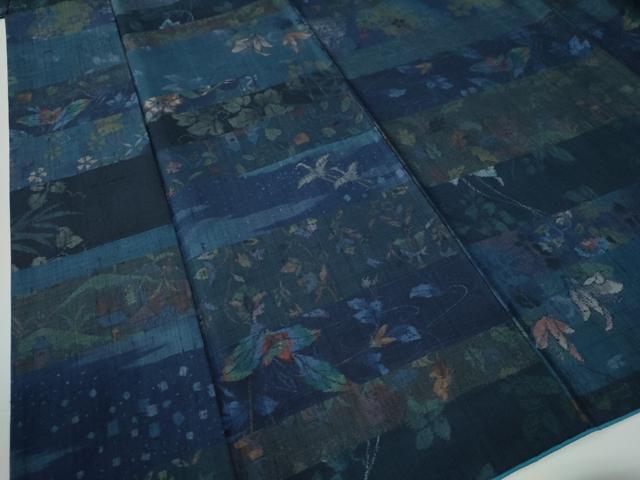 平和屋着物●小千谷紬　横段飛鶴草花文　ますいわ屋扱い　正絹　逸品　CABE3158yc