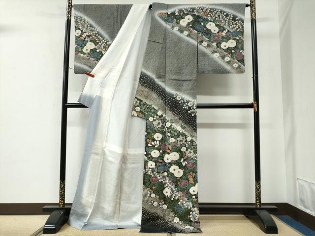 平和屋着物●訪問着　絞り　椿草花文　暈し染め　黒地　金通し地　ロング丈　正絹　逸品　CABE3169yc