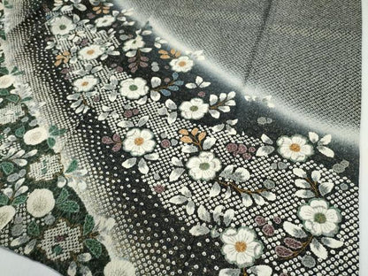 平和屋着物●訪問着　絞り　椿草花文　暈し染め　黒地　金通し地　ロング丈　正絹　逸品　CABE3169yc