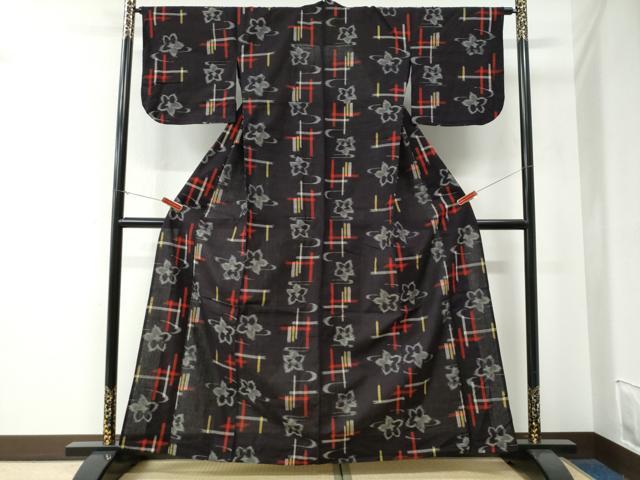 平和屋着物●久留米絣　単衣　格子舞花文　黒地　綿　逸品　CABE3171yc