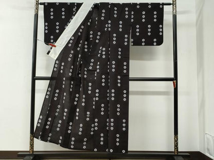 平和屋着物●久留米絣　単衣　丸文　黒地　綿　逸品　CABE3172yc