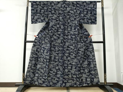 平和屋着物●久留米絣　単衣　竜田川花文　綿　逸品　CABE3189yc