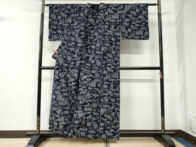 平和屋着物●久留米絣　単衣　竜田川花文　綿　逸品　CABE3189yc