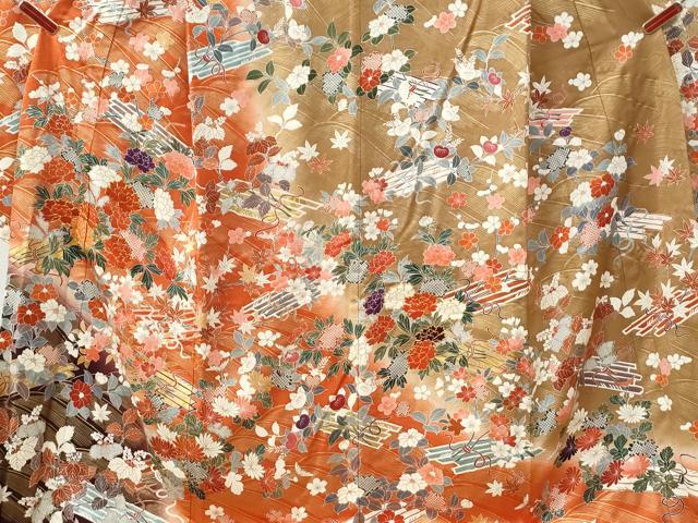 平和屋着物●豪華振袖　駒刺繍　牡丹花筏文　暈し染め　金彩　正絹　逸品　CABE3199yc
