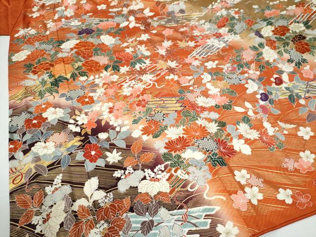 平和屋着物●豪華振袖　駒刺繍　牡丹花筏文　暈し染め　金彩　正絹　逸品　CABE3199yc