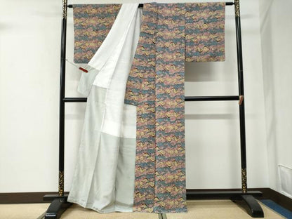 平和屋着物●上質な小紋　型染め　風景文　鬼しぼ縮緬　正絹　逸品　CABE3200yc