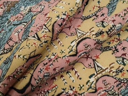 平和屋着物●上質な小紋　型染め　風景文　鬼しぼ縮緬　正絹　逸品　CABE3200yc
