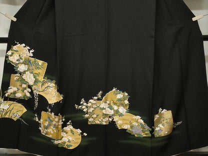 平和屋着物■豪華黒留袖　地紙雪輪安緑花文　暈し染め　金彩　正絹　逸品　CABE3282ev