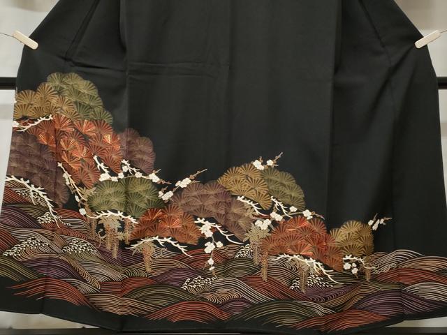 平和屋着物■豪華黒留袖　駒刺繍　立波枝松梅文　藤花房　金彩　正絹　逸品　CABE3285ev