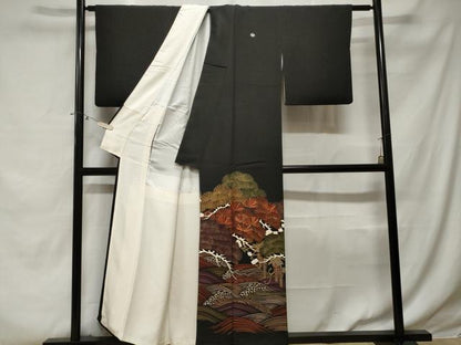平和屋着物■豪華黒留袖　駒刺繍　立波枝松梅文　藤花房　金彩　正絹　逸品　CABE3285ev