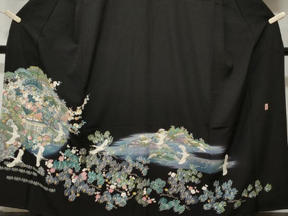 平和屋着物■豪華黒留袖　友禅　作家物　飛鶴風景文　暈し染め　正絹　逸品　CABE3288ev