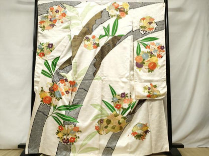 平和屋着物■豪華振袖　駒刺繍　笹竹花丸文　金彩　正絹　逸品　CABE3344ev