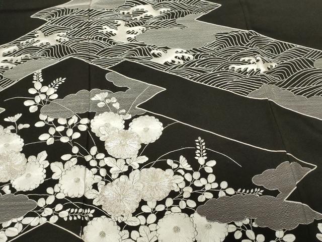 平和屋着物■豪華黒留袖 駒刺繍 立波草花文 銀彩 正絹 逸品 CABE3428ev