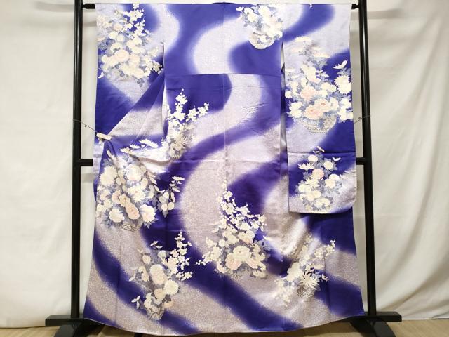 平和屋着物■豪華振袖　駒刺繍　よろけ縞花籠文　暈し染め　銀彩　正絹　逸品　CABE3499ev