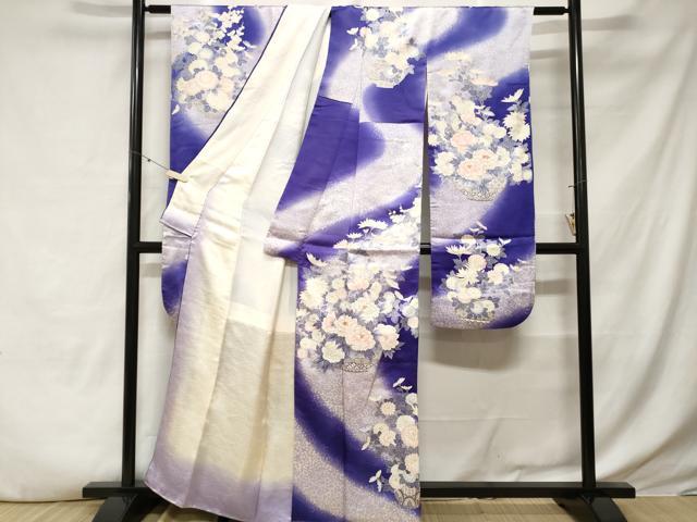 平和屋着物■豪華振袖　駒刺繍　よろけ縞花籠文　暈し染め　銀彩　正絹　逸品　CABE3499ev