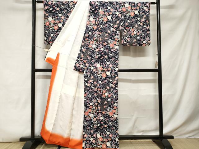 平和屋着物■上質な小紋　辻が花　黒地　銀彩　正絹　逸品　CABE3502ev
