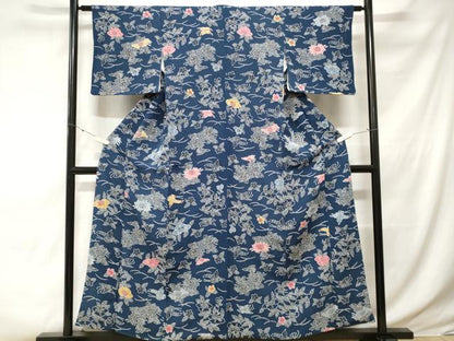 平和屋着物■上質な小紋　型染め　芝草花蝶文　暈し染め　正絹　逸品　CABE3530ev
