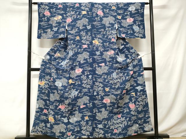 平和屋着物■上質な小紋　型染め　芝草花蝶文　暈し染め　正絹　逸品　CABE3530ev
