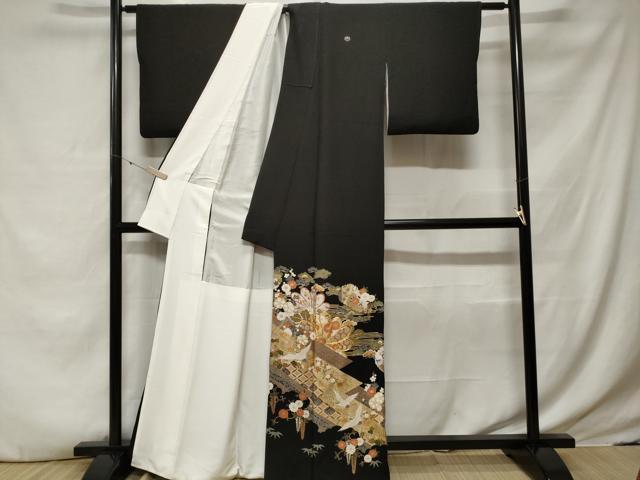 平和屋着物■豪華黒留袖　駒刺繍　雪輪飛鶴松竹梅　金銀彩　正絹　逸品　CABE3542ev