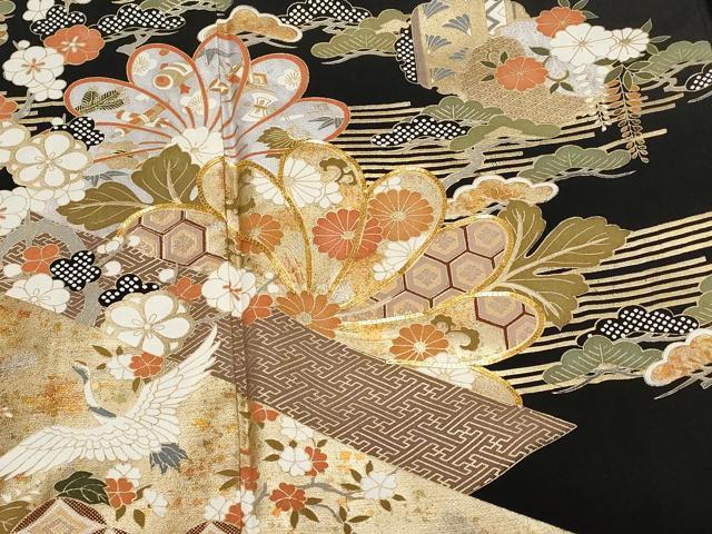平和屋着物■豪華黒留袖　駒刺繍　雪輪飛鶴松竹梅　金銀彩　正絹　逸品　CABE3542ev