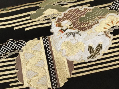 平和屋着物■豪華黒留袖　駒刺繍　雪輪飛鶴松竹梅　金銀彩　正絹　逸品　CABE3542ev