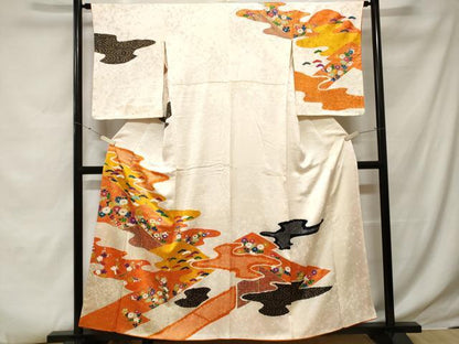 平和屋着物■訪問着　駒刺繍　絞り　吉祥枝花文　金彩　正絹　逸品　CABE3556ev