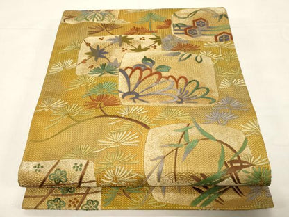 平和屋着物●太鼓柄袋帯　総刺繍　草花文　金通し地　正絹　逸品　CABE3607dy