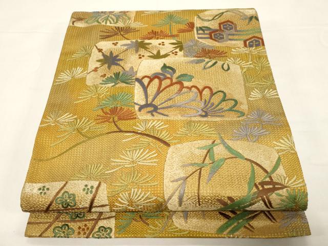 平和屋着物●太鼓柄袋帯　総刺繍　草花文　金通し地　正絹　逸品　CABE3607dy
