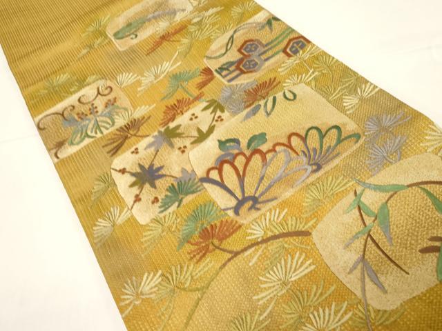 平和屋着物●太鼓柄袋帯　総刺繍　草花文　金通し地　正絹　逸品　CABE3607dy