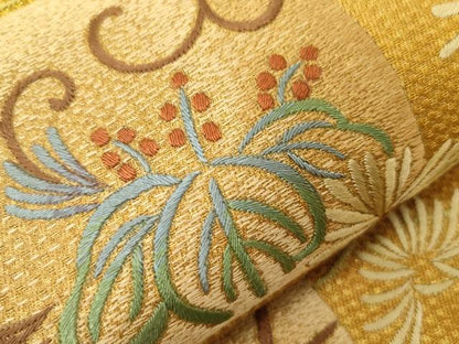 平和屋着物●太鼓柄袋帯　総刺繍　草花文　金通し地　正絹　逸品　CABE3607dy