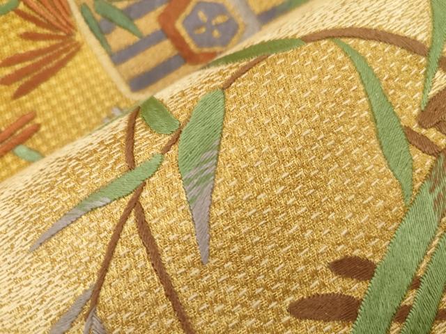 平和屋着物●太鼓柄袋帯　総刺繍　草花文　金通し地　正絹　逸品　CABE3607dy