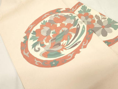 平和屋着物●爪掻き本綴れ　八寸名古屋帯　花鳥文　銀糸　名古屋仕立て　正絹　逸品　CABE3626dy