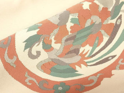平和屋着物●爪掻き本綴れ　八寸名古屋帯　花鳥文　銀糸　名古屋仕立て　正絹　逸品　CABE3626dy