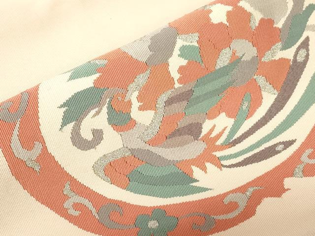 平和屋着物●爪掻き本綴れ　八寸名古屋帯　花鳥文　銀糸　名古屋仕立て　正絹　逸品　CABE3626dy