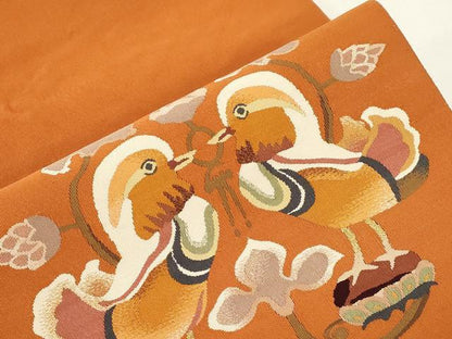 平和屋着物●爪掻き本綴れ　八寸名古屋帯　向い鳥花文　金糸　正絹　逸品　CABE3632dy