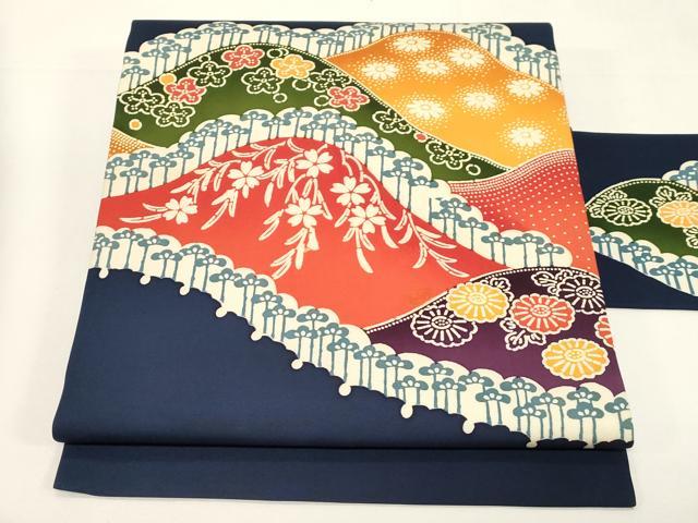 平和屋着物●塩瀬　九寸名古屋帯　型染め　遠山草花文　正絹　逸品　CABE3637dy