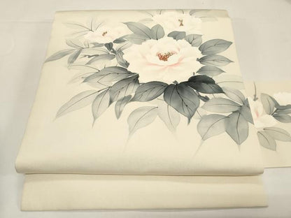平和屋着物●塩瀬　九寸名古屋帯　作家物　手描き　草花文　金彩　正絹　逸品　CABE3638dy