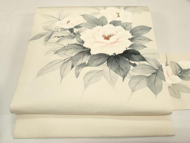 平和屋着物●塩瀬　九寸名古屋帯　作家物　手描き　草花文　金彩　正絹　逸品　CABE3638dy