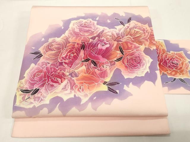 平和屋着物●塩瀬　九寸名古屋帯　作家物　手描き　ろうけつ染め　薔薇　正絹　逸品　CABE3641dy