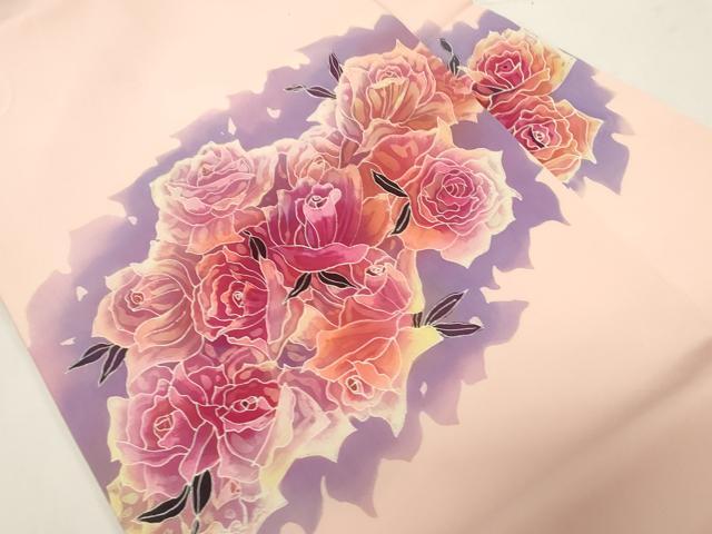 平和屋着物●塩瀬　九寸名古屋帯　作家物　手描き　ろうけつ染め　薔薇　正絹　逸品　CABE3641dy