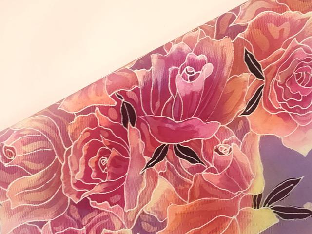 平和屋着物●塩瀬　九寸名古屋帯　作家物　手描き　ろうけつ染め　薔薇　正絹　逸品　CABE3641dy