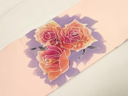 平和屋着物●塩瀬　九寸名古屋帯　作家物　手描き　ろうけつ染め　薔薇　正絹　逸品　CABE3641dy