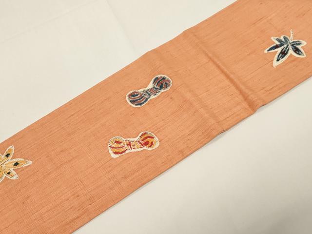 平和屋着物●九寸名古屋帯　紬地　型染め　糸巻き文　正絹　逸品　CABE3642dy