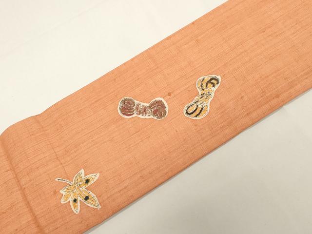 平和屋着物●九寸名古屋帯　紬地　型染め　糸巻き文　正絹　逸品　CABE3642dy