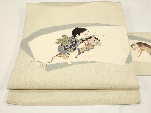 平和屋着物●九寸名古屋帯　友禅　作家物　童子遊び　鬼しぼ縮緬　正絹　逸品　CABE3647dy