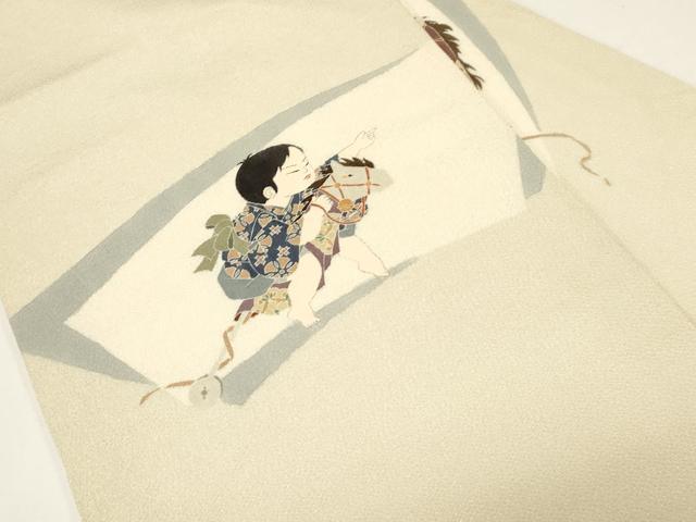 平和屋着物●九寸名古屋帯　友禅　作家物　童子遊び　鬼しぼ縮緬　正絹　逸品　CABE3647dy