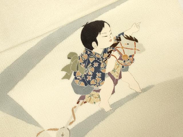 平和屋着物●九寸名古屋帯　友禅　作家物　童子遊び　鬼しぼ縮緬　正絹　逸品　CABE3647dy