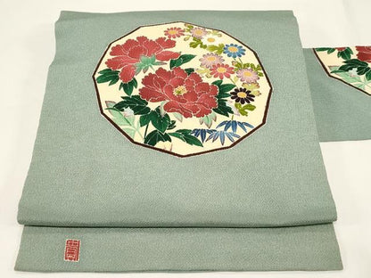 平和屋着物●九寸名古屋帯　友禅　作家物　草花文　鬼しぼ縮緬　正絹　逸品　CABE3648dy
