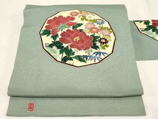 平和屋着物●九寸名古屋帯　友禅　作家物　草花文　鬼しぼ縮緬　正絹　逸品　CABE3648dy